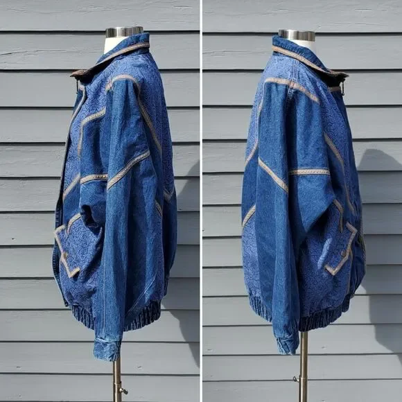 Vintage 90s y2k Blue Denim Jean Floral Bomber Jacket Coat Unisex Large - Picture 2 of 6